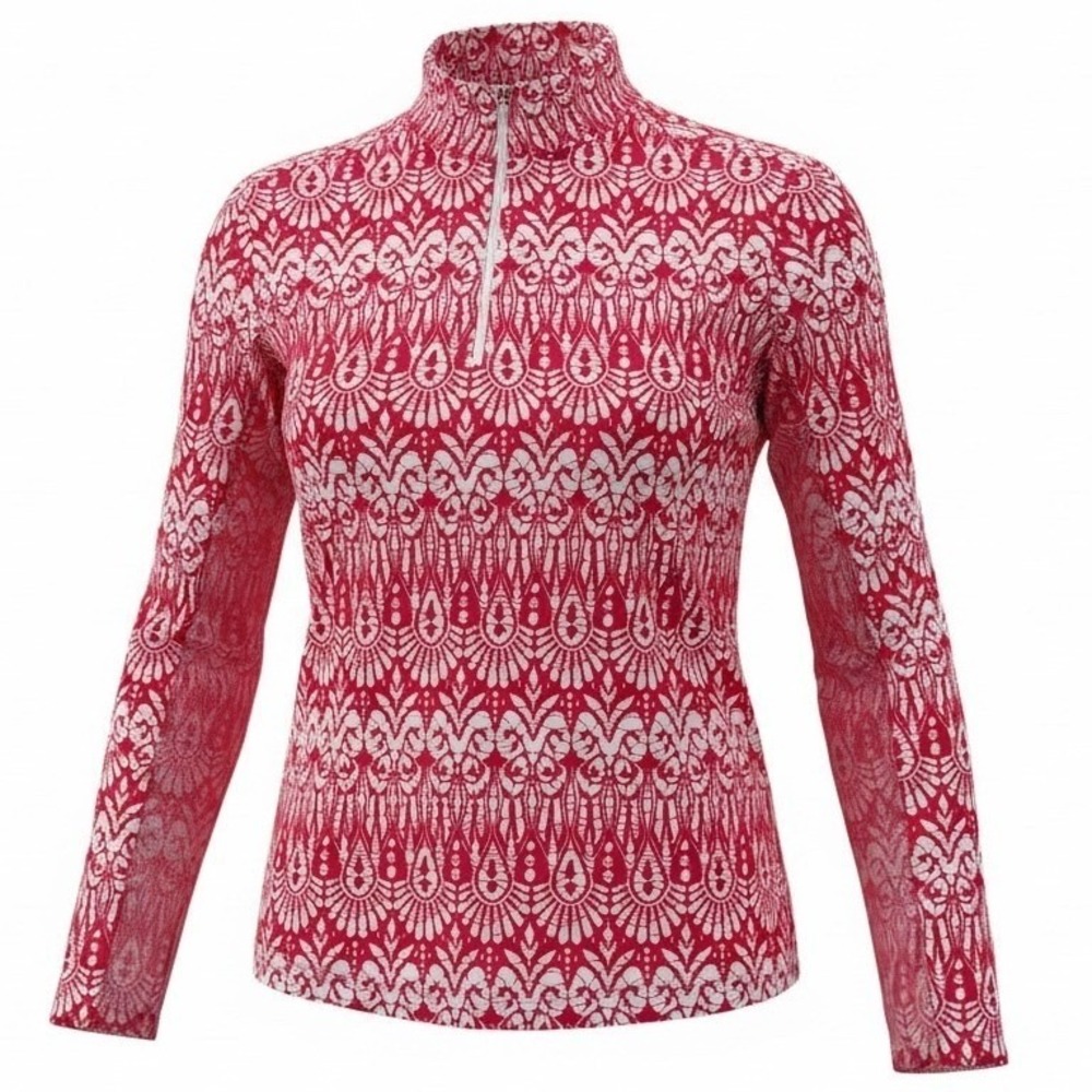 IBKUL Womens XS Long Sleeve Zip Mock‎ Neck Watermelon Pink White Golf Shirt